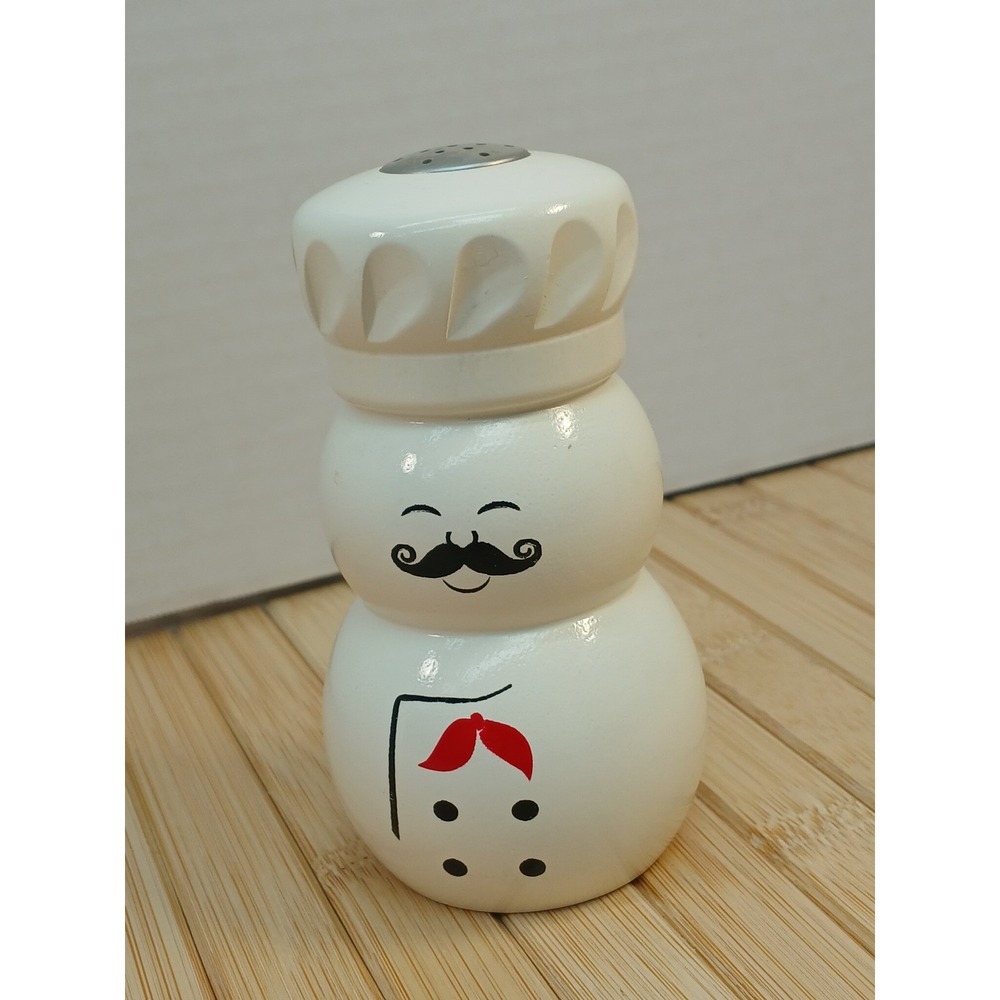 Fletchers Mill Chef Salt Shaker White Wood Mustache Snowman Design Made in USA